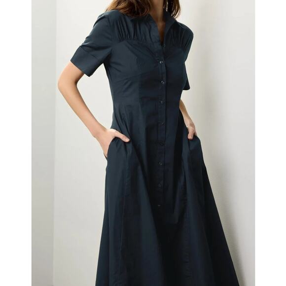 Club Monaco Poplin Navy Blue Midi Short Sleeve Shirt Dress - size 12 - Picture 8 of 10